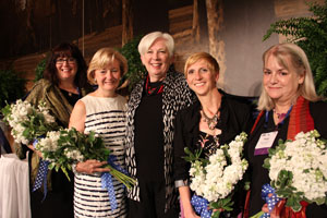 President Carol Ann Mooney '72, center, poses with the 2012 Alumnae Association Award Recipients Monahan, Freidheim, Mahoney, and Perkinson (from left to right).