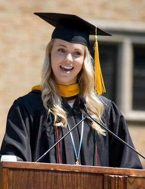 Co-valedictorian Krystal Holtkamp '12, a biology major from Marine, Ohio, offers her valedictory at Commencment.